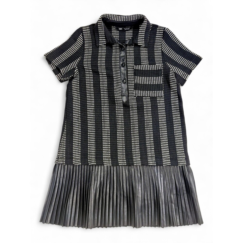 Zara Knit Polo Top Black/White Pleated Faux-Leather Hem Sz‎ S
